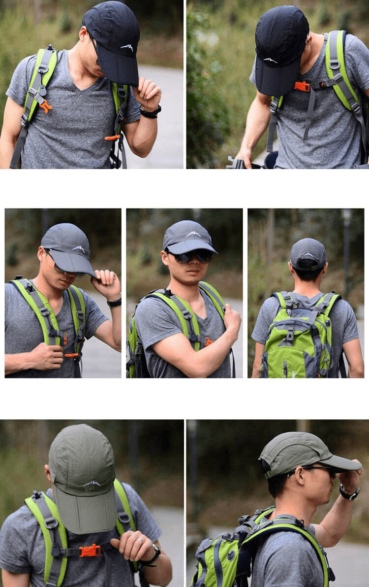 Person wearing a unisex foldable waterproof sports baseball cap outdoors, displaying its foldable and adjustable features.